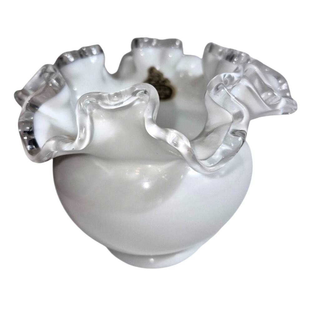 Vintage Fenton Silver Crest Ruffled Edge White Milk Glass Rose Bowl Marked 5"